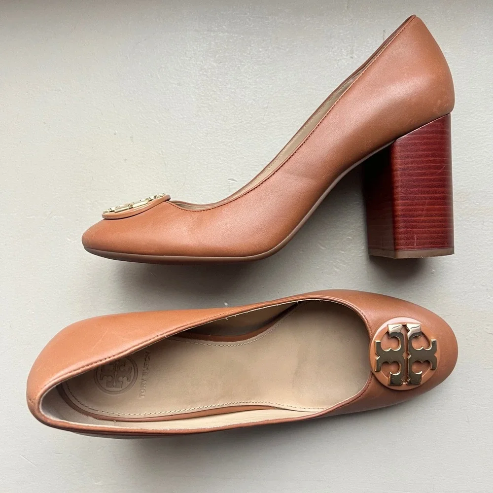 Tory Burch Janey Women 10.5 Tan Brown Leather Block Wood‎ Grain Heel Logo Pump